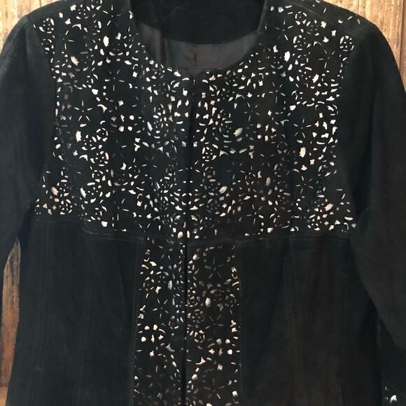 Carlos Falchi M NWT Heavy Black Textured Designer Leather Suede Punchout Coat - Picture 5 of 9